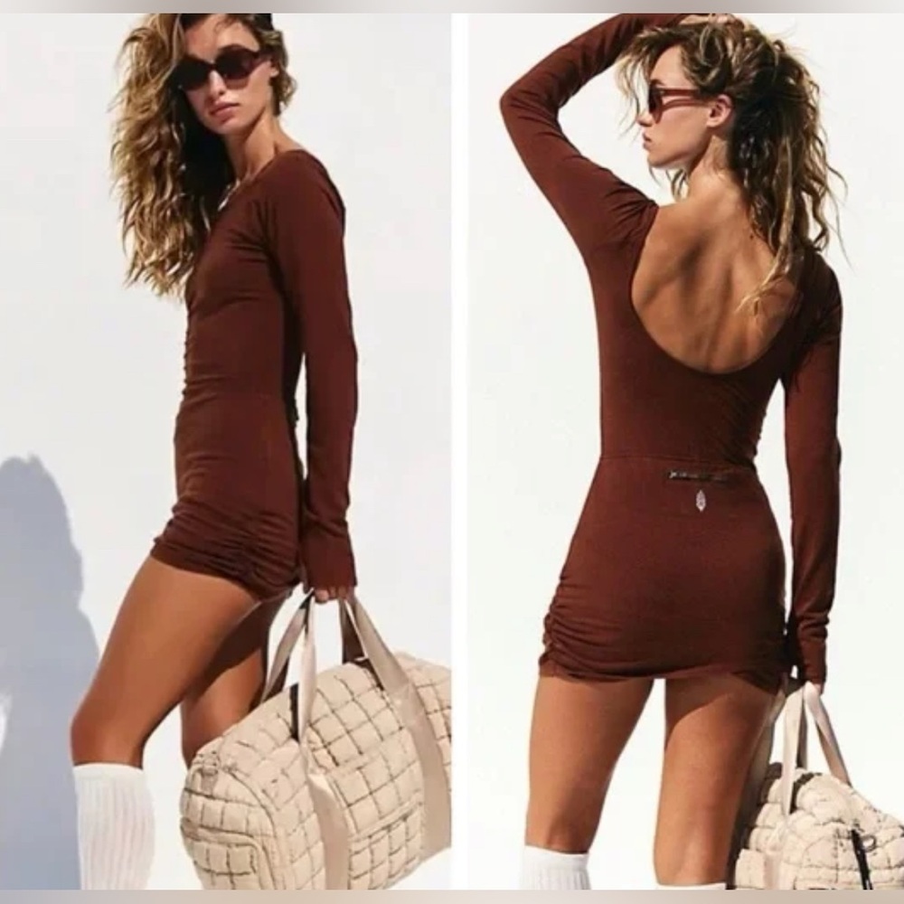 Free People Movement Brown Lets Volley Romper Onesie Long Sleeve Mini Dress FLAW
